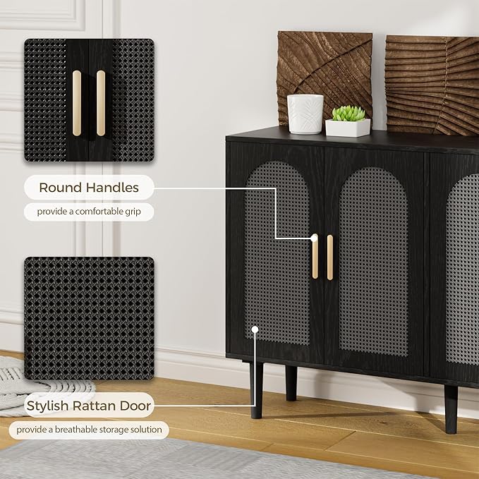 Modern Rattan-Door Sideboard Cabinet – 4-Door Credenza Buffet with Ample Storage, Large Accent Cabinet for Entryway, Living Room, Dining Room & Kitchen, Black & Grey