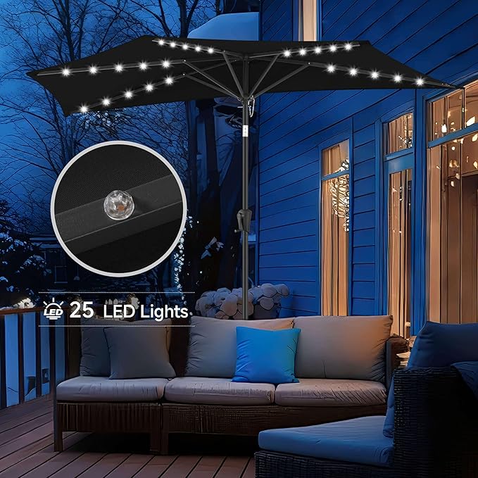 9FT Solar Half Umbrellas Outdoor - LED Half Patio Umbrella with 25 Lights, UV Protection Waterprool, Half Round Umbrella for Wall Balcony, Pool, Porch, Garden, Deck, Backyard, Black