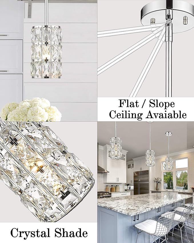 CALDION Mini Crystal Pendant Light Kitchen Island, 1-Light Moden Pendant Light Fixtures, Adjustable Rods Pendant Lighting for Dining Room Bedroom Bar Cofe Bedroom Chrome Finish, 6869PL-CH