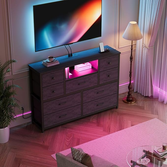 NONGSHIM Dresser with Charging Station and LED Lights, Long Dressers for Bedroom Dresser TV Stand with 9 Drawers, Fabric Chest of Drawers with PU Finish, Wide Dressers Storage Organizer, Grey