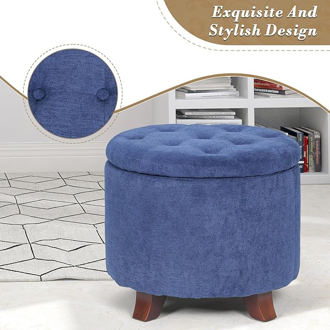 Athena Collection 20 Inch Small Ottoman with Storage, Round Linen Fabric Storage Ottoman with Removable Lid, Stylish Footstool Foot Rest for Living Room, Bedroom, Dorm, Blue
