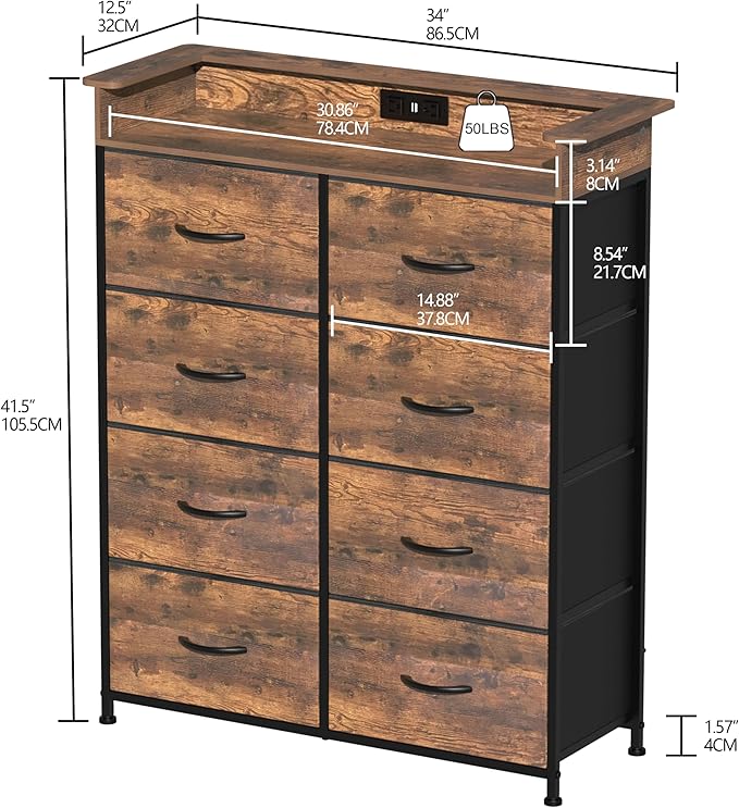 Tall Dresser for Bedroom with Charge Station 8 Drawers Dresser with LED Lights Chest Organizer Units for Hallway Entryway Closets Sturdy Steel Frame Wood Top Easy Pull Handle Rustic Brown