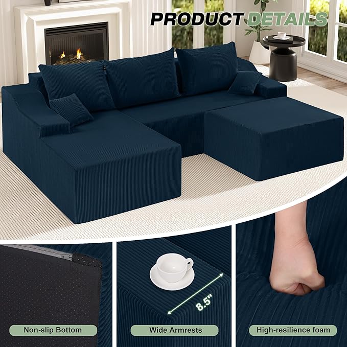 HABUTWAY 94“ U Shaped Modular Sectional Couch for Living Room, Modular Cloud Sofa with Ottoman, No Assembly Boneless Couches with Deep Seat, Corduroy Fabric (Blue, Left Facing)