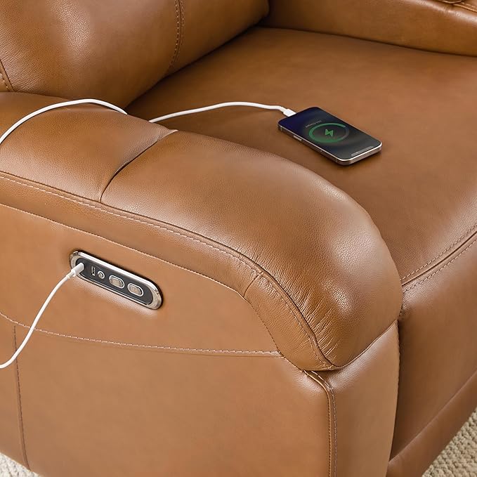 Watson & Whitely Genuine Leather Power Loveseat Recliner Sofa, 2 Seat Wall Hugger Reclining Sofa with Power Headrest & Charging Ports, Dual Recliner Sofas for Living Room, RV, Saddle Brown