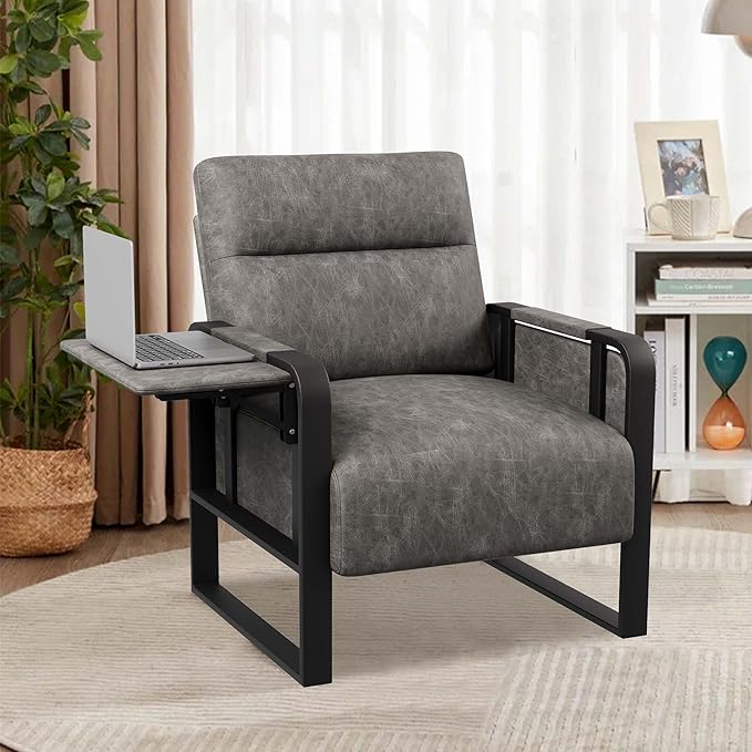 Modern Accent Chair with Side Table PU Leather Upholstered Armchair for Bedroom Leisure Living Room Chairs Office Chair Grey