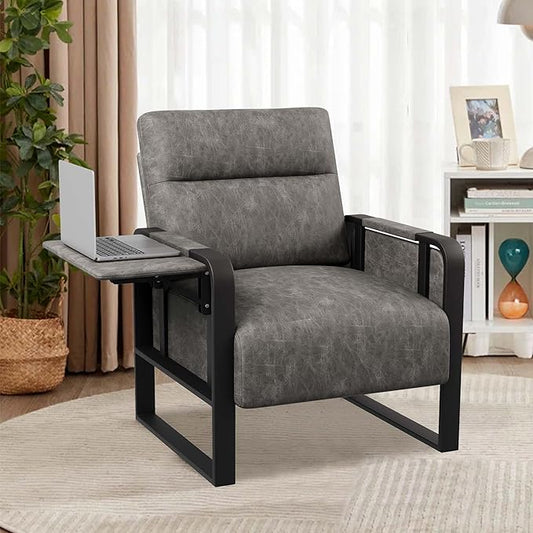 Modern Accent Chair with Side Table PU Leather Upholstered Armchair for Bedroom Leisure Living Room Chairs Office Chair Grey