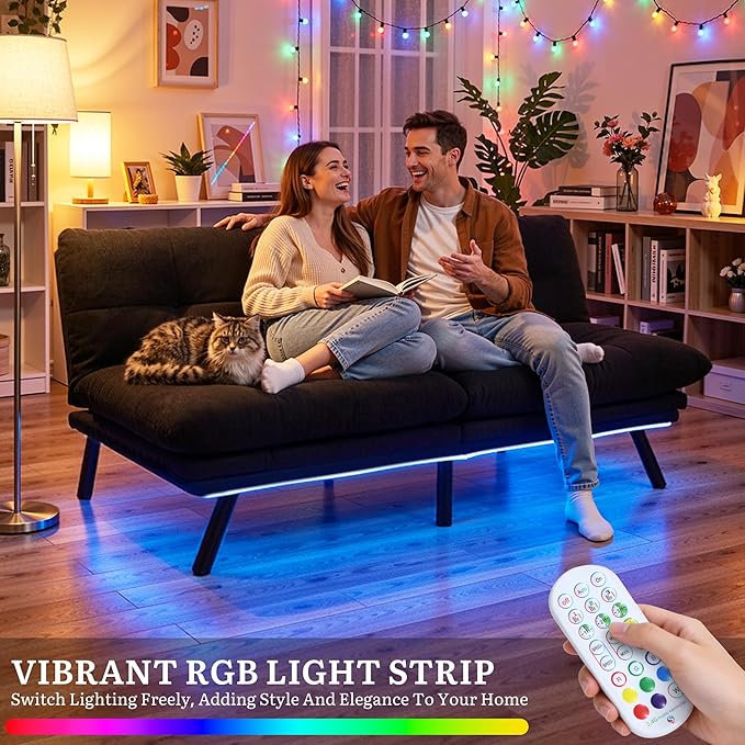 YITAHOME Convertible Futon Sofa Bed with Adjustable 3 Color Light Strip, 70" Folding Futon Set for Living Room Home Office Aprtment, Modern Futon Couch with Adjustable Backrest & Armrests, Black
