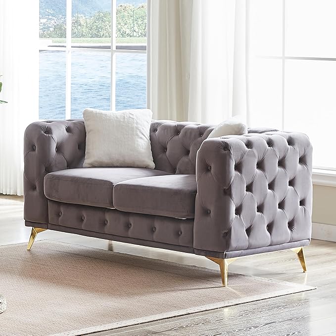 KEIKI 61" Luxury Oversized Velvet Chesterfield Sofa with 2 Pillows, Mid-Century Style 2-Seater Tufted Buttons Couch with High-Density Foam Cushions, Easy Assembly, for Apartment, Living Room, Grey