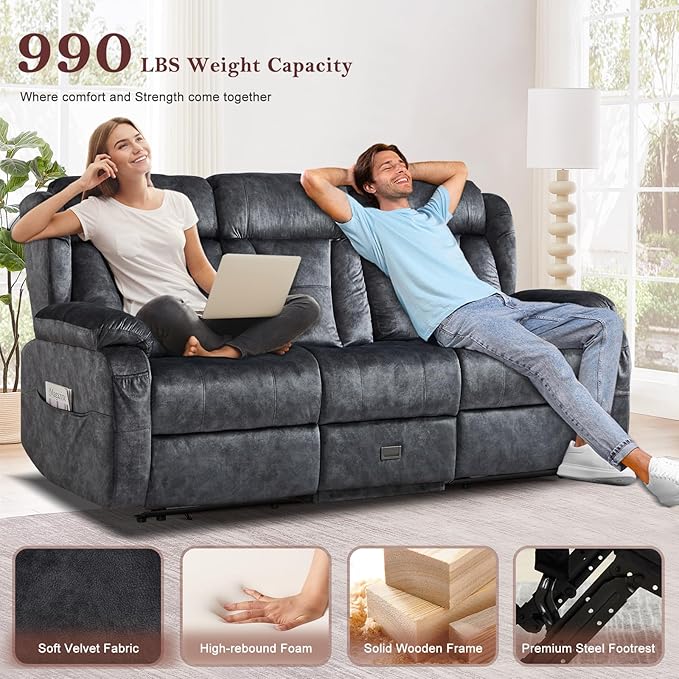 77.2" Manual Reclining Loveseat Sofa - Wall Hugger 3 Seat Loveseat Recliner with Console, Fold-Down Table and Built-in Outlets, Recliner Couch for Living Room RVs Home Theater Seating(Gray, 3 Seater)