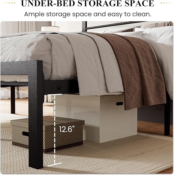 SHA CERLIN Full Size Bed Frame with Headboard Shelf and Strong Metal Foundation, No Box Spring Needed, Black