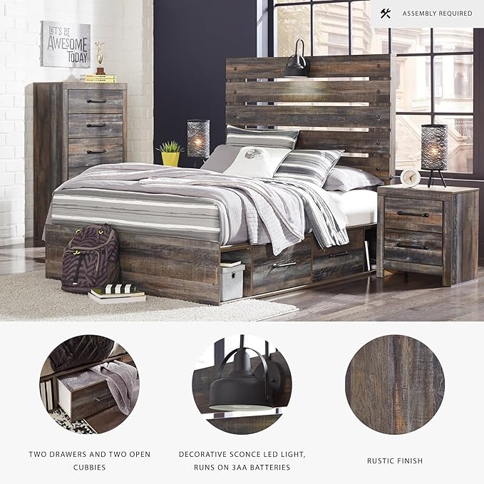 Signature Design by Ashley Drystan Rustic Full Panel Platform Bed with 2 Storage Drawers, Open Cubbies, Sconce LED Light and USB Ports, Foundation or Box Spring Not Needed, Dark Brown & Gray