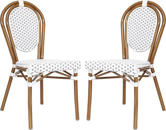 Flash Furniture Lourdes Indoor/Outdoor Commercial Thonet Bistro Stack Chair - White/Gray PE Rattan Back and Seat - Natural Bamboo Print Metal Frame - Set of 2