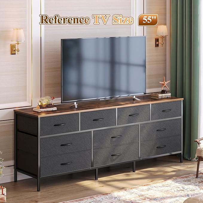 Huuger 63 Inch Dresser for Bedroom, Long Dresser with 10 Fabric Drawers, TV Stand for 55, 65, 70 Inch TV, Toy Storage Organizer for Closet, Rustic Brown and Black