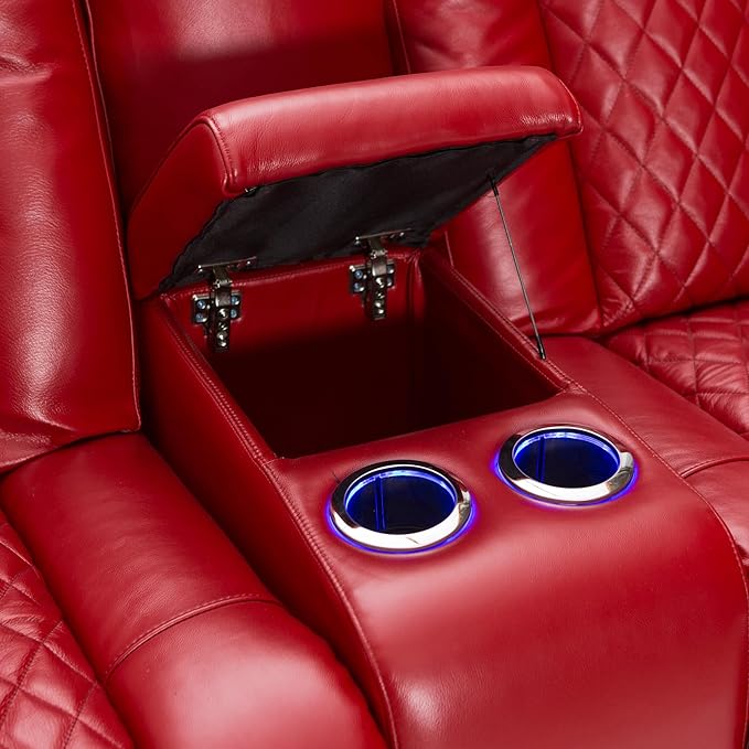 Seatcraft Anthem Italian Leather Sofa w/Fold-Down Table & Loveseat w/Storage Console, Living Room, Power Headrest, Power Recline, Red