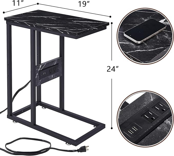 VECELO C-Shaped End Side Table with Charging Station & 2 USB Ports and Outlets for Living Room, Bedroom, with Adjustable Feet for Couch Sofa, Bedside, Small Spaces， Black Marble
