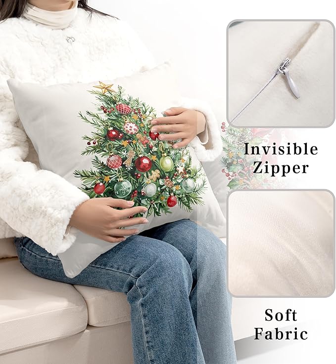 Set of 2 Christmas Tree Pillow Covers Xmas Wreath Throw Pillow Covers Red and Green Decorative Pillow Case 18x18 Winter Holiday Cushion Case for Home Decor Couch Sofa