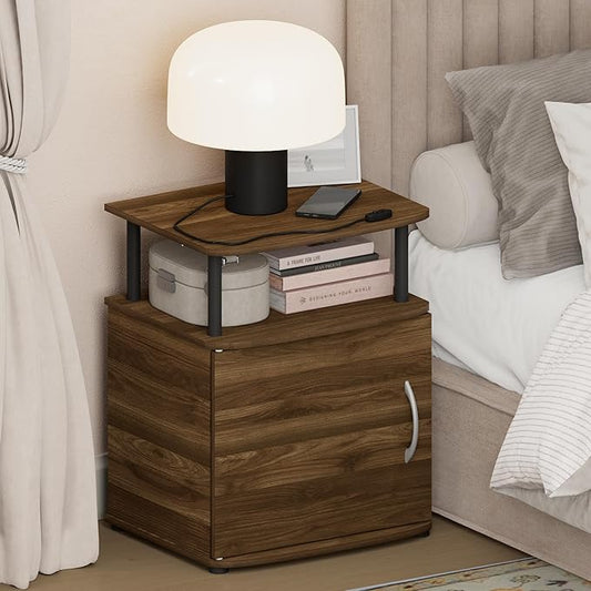 Furinno Jaya Night Stand with Door, Nightstand with Open Shelf and Door Cabinet, Round Corner Bedside Table, Side Table, End Table, for Bedroom, Closet, Dorm, Columbia Walnut