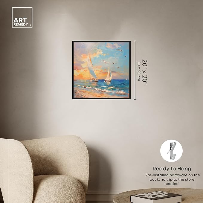 Art Remedy Sailboats In The Sunset Framed Sailing 1 Piece Canvas Wall Art, 21" x 21", Black Frame
