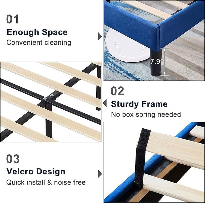VECELO Queen Size Bed Frame, Velvet Upholstered Platform with Adjustable Headboard, Mattress Foundation with Solid Wood Slats, No Box Spring Needed, Easy Assembly