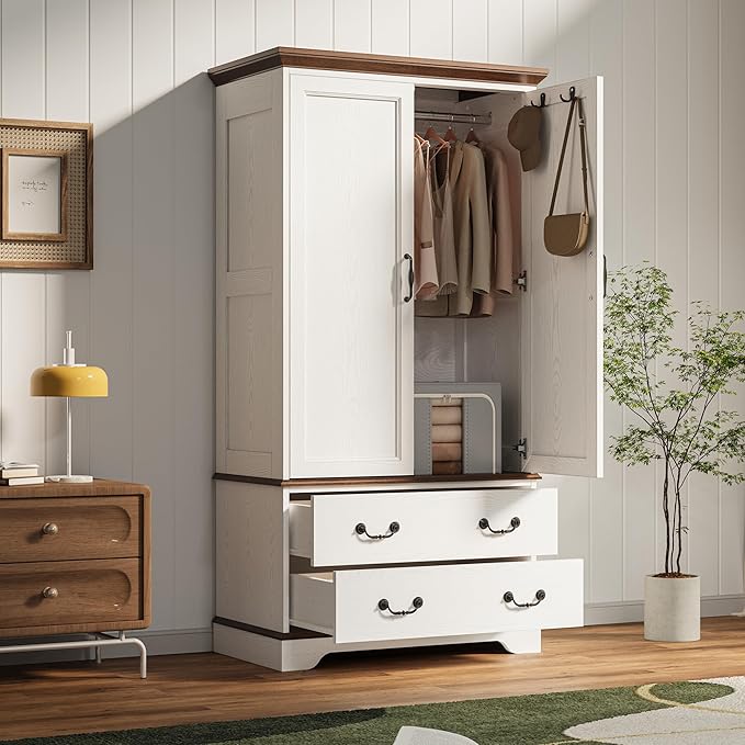 LIKIMIO Armoire Wardrobe Closet with Mirror, 70.1" Wooden Clothing Storage Cabinet with 2 Doors & 2 Drawers, Modern Bedroom Freestanding Wardrobe Combination with Hanging Rod, Cherry with White