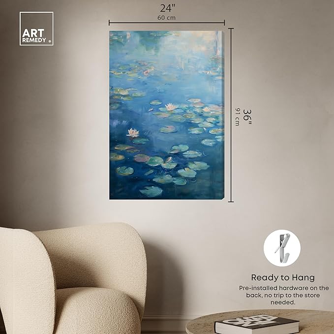 Art Remedy Lilypads In Blues Gallery Wrapped Impressionism 1 Piece Canvas Wall Art/Monet And Van Gogh Inspired Art, 24" x 36", Gallery Wrapped