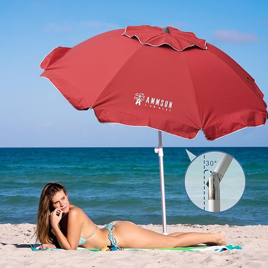 AMMSUN 7ft Beach Umbrella with Sand Anchor & Tilt, UPF 50+ UV Protection, Windproof Fiberglass Ribs, Portable Lightweight Outdoor Umbrella with Carry Bag for Beach, Patio, Pool, Camping Red