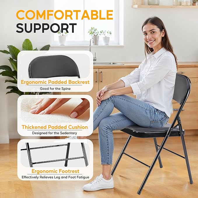 Simple Deluxe Dining Chairs Set of 2, Leather Cushion Foldable Modern Kitchen Side Chair with Padded Back& Metal Legs, Upholstered Dinner Seat Gift for Home/Living Room/Bedroom/Restaurant, Black