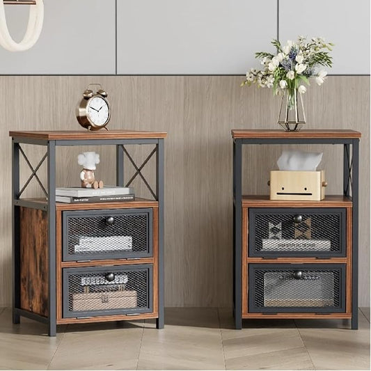 VECELO Nightstand Set of 2, End Table with Flip Drawer, Modern Night Stand for Bedroom,Living Room, Office, Easy Assembly, Classic Brown