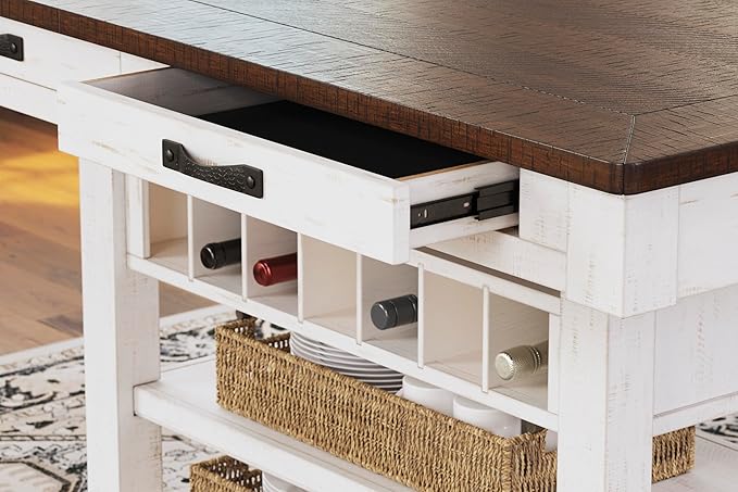 Signature Design by Ashley Valebeck Rectangular Dining Room Table, 4 Drawers, 2 Open Shelves, Wine Rack, Wood, 60" W x 40" D x 36.13" H, White & Brown
