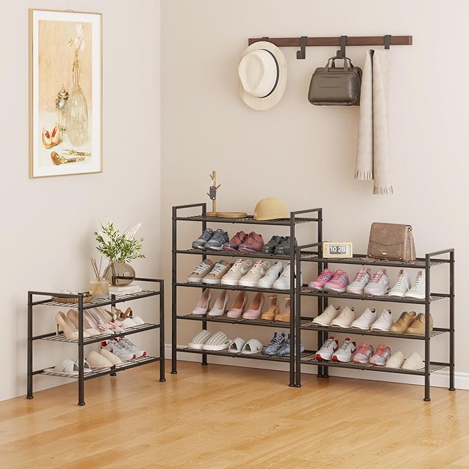 5-Tier Shoe Rack, Metal Storage Shelves for Closet Entryway, Tall Narrow Unit for Small Spaces, Multi-Purpose Organizer for Bedroom Garage, Easy Assembly, Black