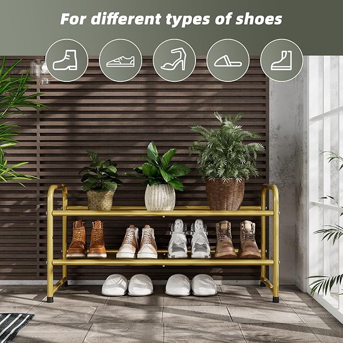 SUFAUY 2 Tier 33" Wide Shoe Rack Closet Metal Mesh, Stackable, Gold