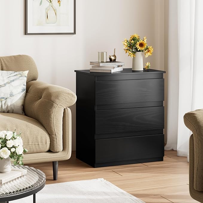 Bamjoy Black Nightstand with 3 Drawers, Beside Table with Drawers for Bedroom, Small Side Table Storage Cabinet 3 Drawer Night Stand for Home Office, 18.0W x 14.0D x 24.8H Inches