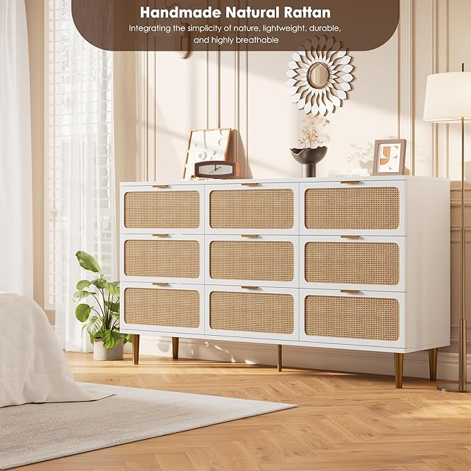 GarveeHome Rattan 9 Drawer Dressers for Bedroom, Tall Dresser with Deep Drawers, Large Chest of Drawers for Closet with Wide Top, Long Wooden Dresser for Living Room, Hallway, Kids Room, White