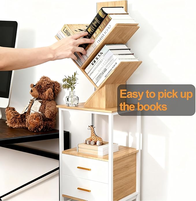 Lightdot 63" Tree Bookshelf TV Stand, Tall Narrow Side Cabinet Beside with Drawers, Modern Wooden Media Console Storage Tower, Slim Corner Display Rack for Living Room, Sofa & Entryway, Rustic Walnut