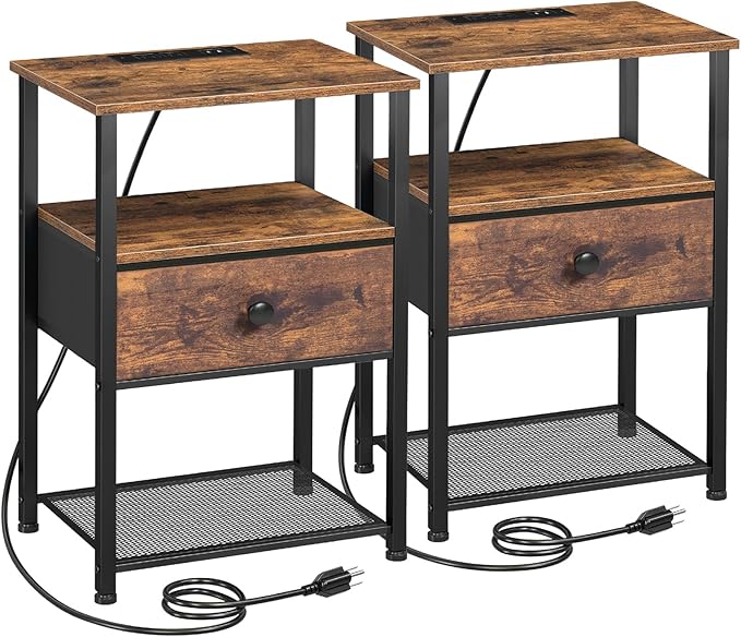 Night Stand Set 2, Nightstand with Charging Station, End Tables Living Room with Fabric Drawer for Small Spaces, Bed Side Tables with Storage Shelf for Bedroom, Rustic Brown HETS010PBR