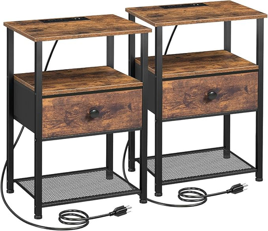 Night Stand Set 2, Nightstand with Charging Station, End Tables Living Room with Fabric Drawer for Small Spaces, Bed Side Tables with Storage Shelf for Bedroom, Rustic Brown HETS010PBR