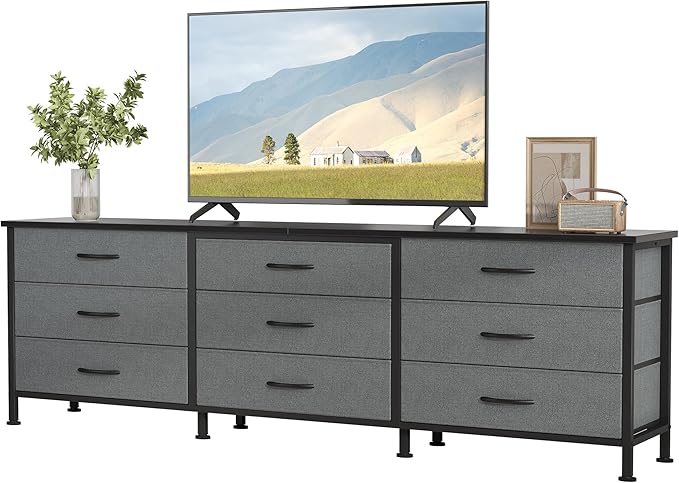 DUMOS TV Stands for Living Room Furniture with 9 Fabric Drawers, Long Entertainment Center Up to 75 Inch TV, Media Console Table with Storage for Bedroom, Adjustable Feet, Grey.