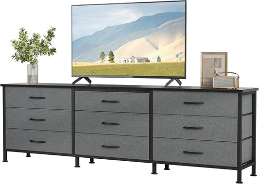 DUMOS TV Stands for Living Room Furniture with 9 Fabric Drawers, Long Entertainment Center Up to 75 Inch TV, Media Console Table with Storage for Bedroom, Adjustable Feet, Grey.