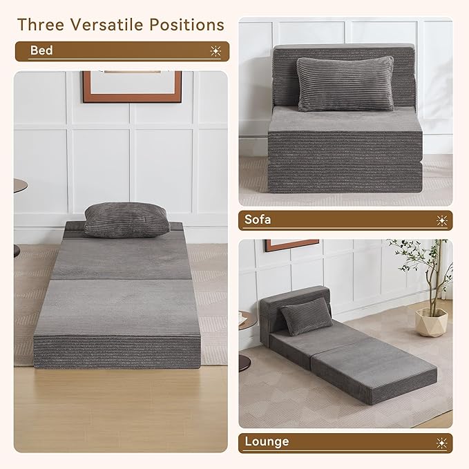 WUTUTUEE Folding Sofa Bed Convertible Floor Couch Foldable Chair Bed with Pillow，Linen Sleeper Chair Futon,Foldable Memory Foam Mattress for Bedroom/Living Room/Dorm/Office (Corduroy Grey, Single)