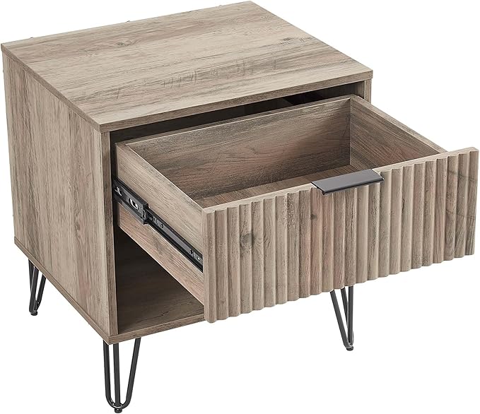 Manhattan Comfort Dumbo Modern Nightstand 1.0 with 1 Drawer and Metal Feet | Splayed Black Legs | Vertical Ribbed Design | No Tool Assembly Storage for Bedroom & Living Room, Set of 2, Rustic Grey