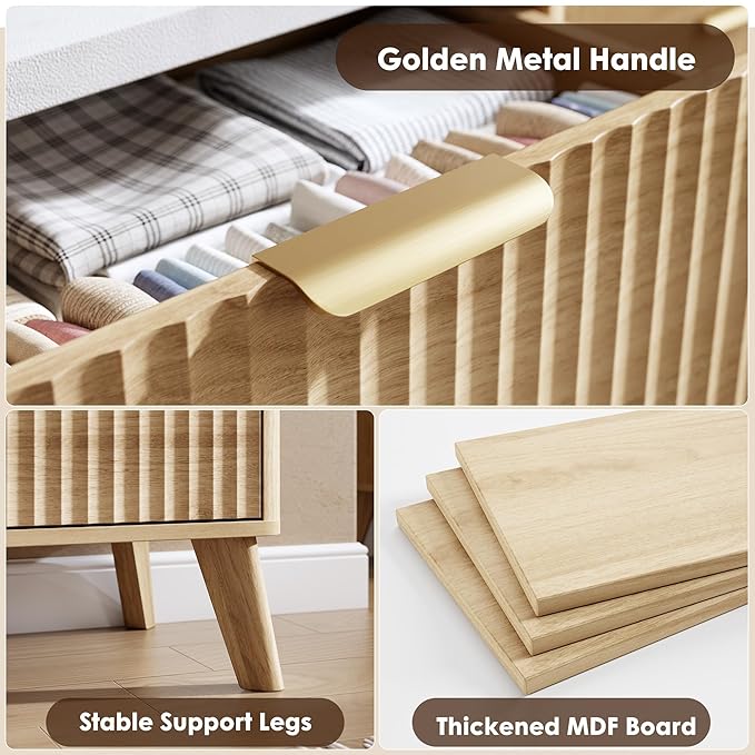 Garvee 5 Drawers Dresser for Bedroom, 47.2" Tall Dressers with Curved Profile Design, Fluted Wood Drawers with Gold Handle, Modern Chest of Dressers with Thickened Design for Living Room, Natural