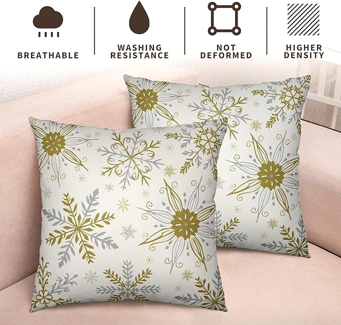 Christmas Snowflake Pillow Covers White Gold Gray Xmas Throw Pillow Cases 24x24 Set of 2 Seasonal Winter Holiday Cotton Linen Pillowcase for Farmhouse Bed Couch Sofa Living Room Decor