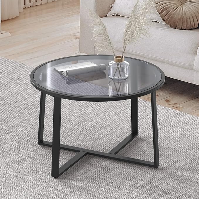 Evajoy Coffee Table, 27.6" Round Coffee Table with Tempered Glass Surface, Center Table for Living Room, Dining Room, Tea, Home Décor,Black