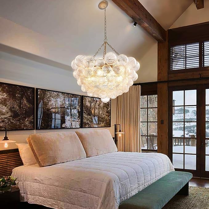Longree Nordic Bubble Ball Swirled Glass Chandelier, Diam 31" Gild Gold and Clear Modern Hand Blown Glass Pendant Light Fixture for Dining Room, Bedroom, Study, Restaurant, Hallway