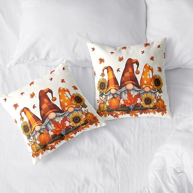 Fall Gnome Pillow Covers 18x18 Set of 2 Pumpkin Sunflower Maple Leaves Throw Pillow Covers Autumn Pillow Case Thanksgiving Cushion Case for Home Decor Couch Sofa