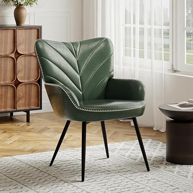 Mid-Century Modern Green Faux Leather Accent Chair, Upholstered Armchair for Living Room/Bedroom/Reading Corner, Curved Back & Padded Arms, High-Density Cushion, Metal Legs, Easy-to-Clean Design