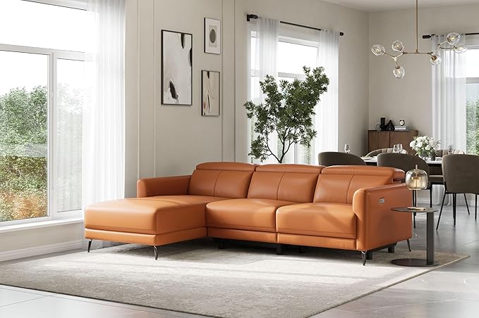 Valencia Andria Left-Facing Sectional Leather Sofa 99.5" | Italian Nappa 11000 Top-Grain Leather Reclining Sofa | Electric Power Recliner | Stainless Steel Leg, Cognac