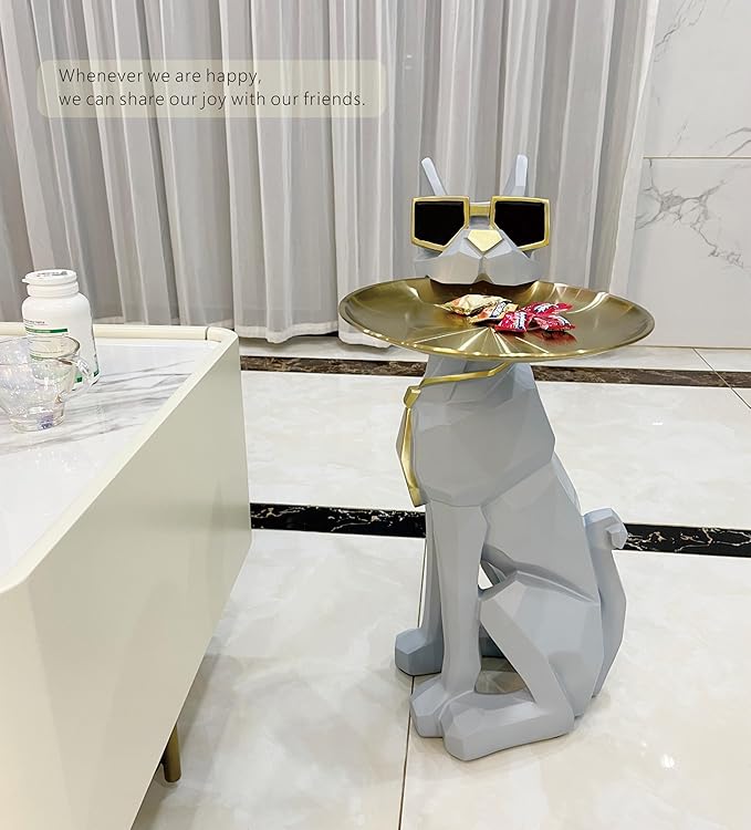 Beautiful and Elegant Decorative Pieces for Home, Dog Side Table with Tray and Storage，Dog 3D Sculpture Coffee Table Unique Home Decor(Gray)