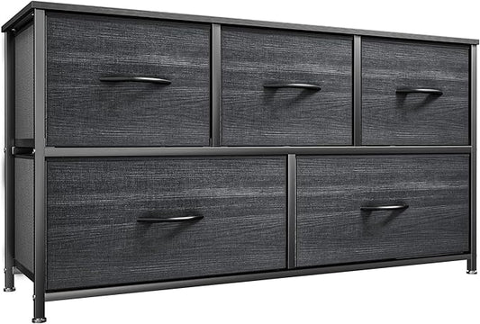 YITAHOME Dresser with 5 Drawers - Fabric Storage Tower, Organizer Unit for Bedroom, Living Room, Closets - Sturdy Steel Frame, Wooden Top (Cool Black Wood Grain)