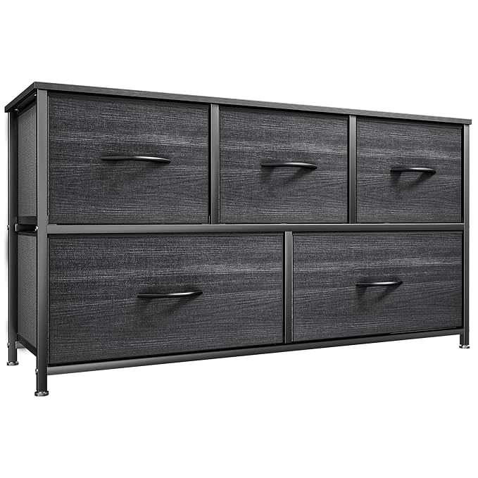 YITAHOME Dresser with 5 Drawers - Fabric Storage Tower, Organizer Unit for Bedroom, Living Room, Closets - Sturdy Steel Frame, Wooden Top (Black Wood Grain)